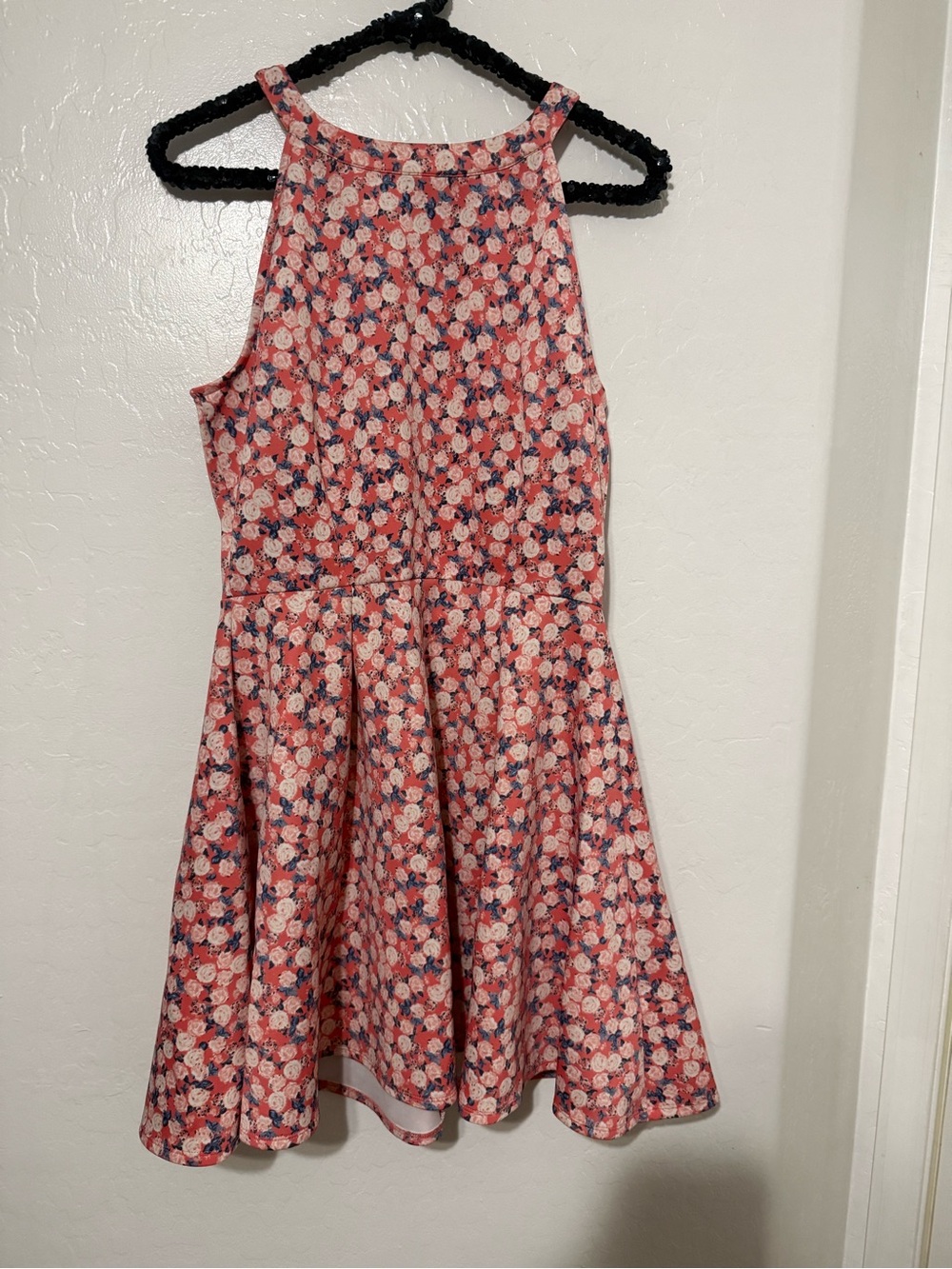 Copper Key Coral Pink and Blue Floral Halter Dress